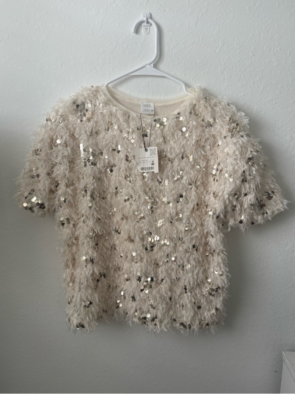New Zara Cream Feather Sequin Girls (Youth) Short Sleeve Top  Size 13-14 164 cm